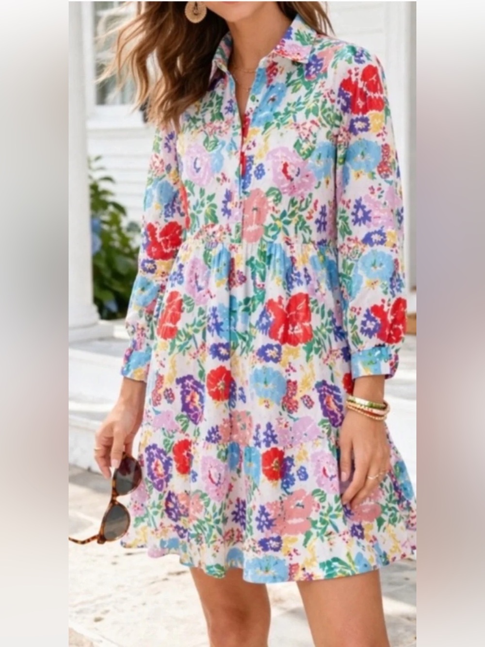 Ro’s Garden Fantasia Drop Waist Playful & Floral Print Button Up Shirt Dress S